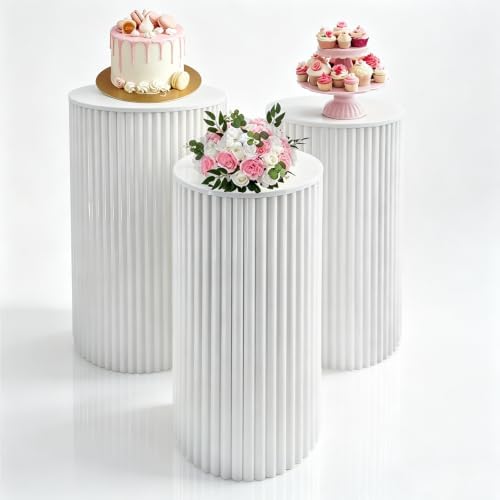 3Pcs White Metal Pleated Cylinder Pedestal Stand cake cylinder stands in White