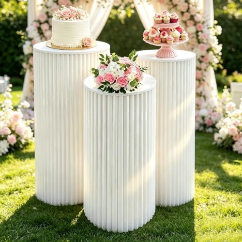 3Pcs White Metal Pleated Cylinder Pedestal Stand cake cylinder stands in White, alternate view 2