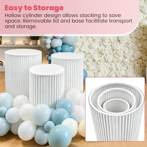 3Pcs White Metal Pleated Cylinder Pedestal Stand cake cylinder stands in White, alternate view 5