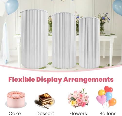 3Pcs White Metal Pleated Cylinder Pedestal Stand cake cylinder stands in White, alternate view 6