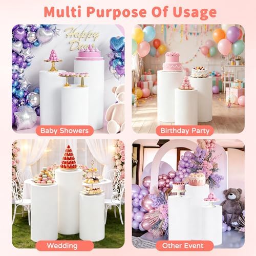 3Pcs White Spandex Cylinder Pedestal Stand Covers, Elastic Fitted Round Plinth Pillar Covers for Party Backdrop, alternate