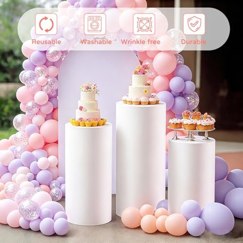 3Pcs White Spandex Cylinder Pedestal Stand Covers, Elastic Fitted Round Plinth Pillar Covers for Party Backdrop, alternate