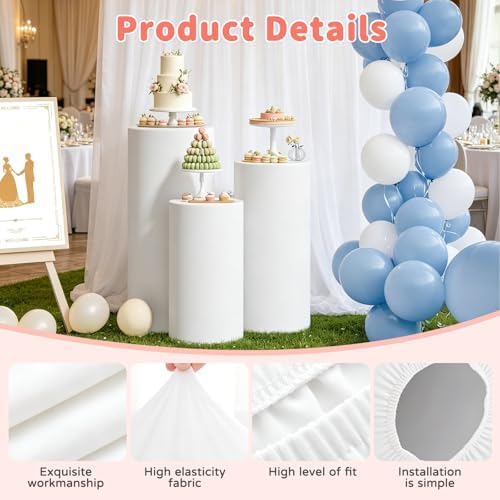 3Pcs White Spandex Cylinder Pedestal Stand Covers, Elastic Fitted Round Plinth Pillar Covers for Party Backdrop, alternate