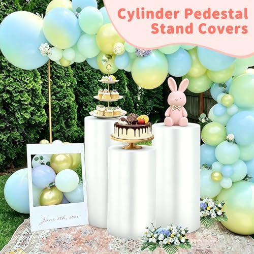 3Pcs White Spandex Cylinder Pedestal Stand Covers, Elastic Fitted Round Plinth Pillar Covers for Party Backdrop, alternate