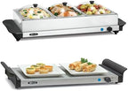 4.5 Quart Triple Electric Buffet Server, Food Warming Tray & Slow Cooker - Brushed Stainless Steel Heated