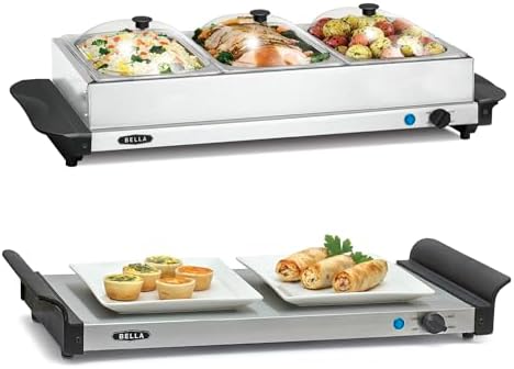 4.5 Quart Triple Electric Buffet Server, Food Warming Tray & Slow Cooker - Brushed Stainless Steel Heated
