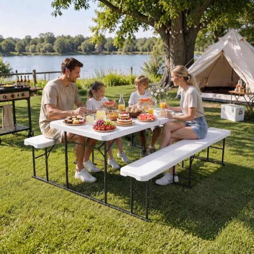 4.5ft Picnic Table, Outdoor Folding Picnic Tables with Benches