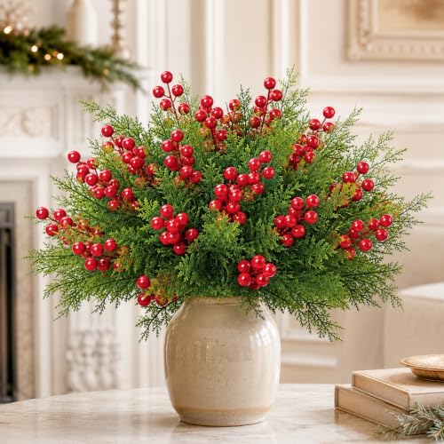 4 Bundles Artificial Christmas Pine Branches with Red Berries