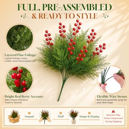 4 Bundles Artificial Christmas Pine Branches with Red Berries, alternate view 3
