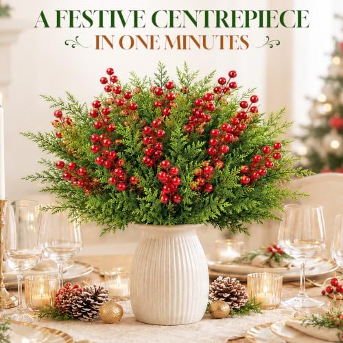 4 Bundles Artificial Christmas Pine Branches with Red Berries, alternate view 4