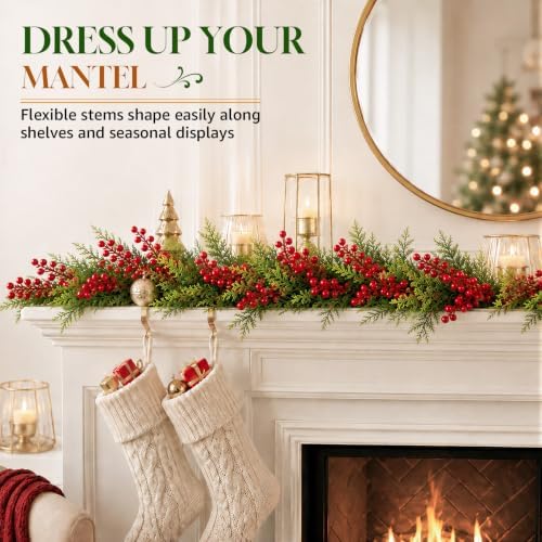 4 Bundles Artificial Christmas Pine Branches with Red Berries, alternate view 5