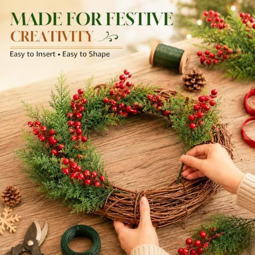 4 Bundles Artificial Christmas Pine Branches with Red Berries, alternate view 6