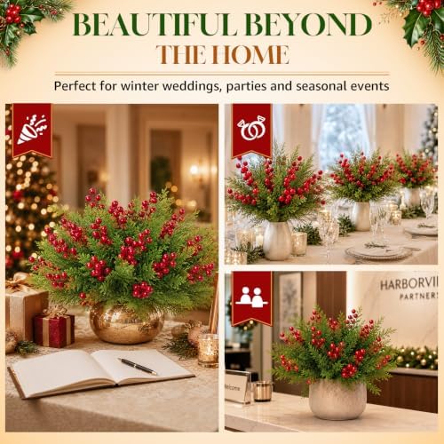 4 Bundles Artificial Christmas Pine Branches with Red Berries, alternate view 7