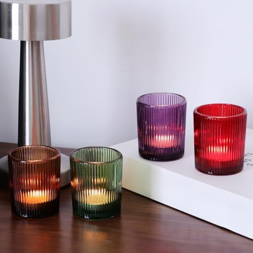 4 Colors Ribbed Glass Votive Candle Holders for Fall Decor, Set of 12 in Multicolor, alternate view 5