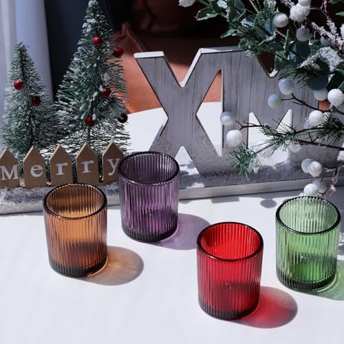 4 Colors Ribbed Glass Votive Candle Holders for Fall Decor, Set of 12 in Multicolor, alternate view 7