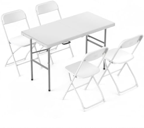 4 FT Folding Picnic Table with 4 Folding Chairs, Easy to Keep, White in White