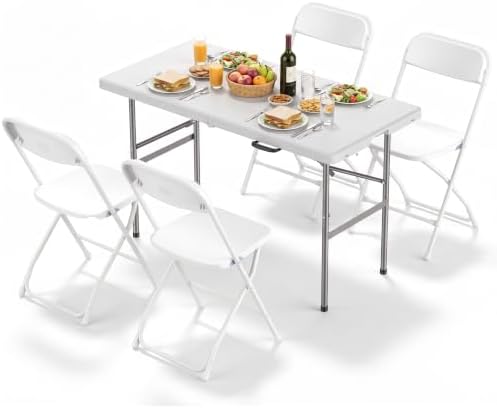4 FT Folding Picnic Table, with 4 White Folding Chairs