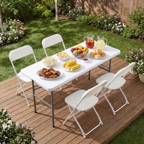 4 FT Folding Picnic Table, with 4 White Folding Chairs, alternate view 2