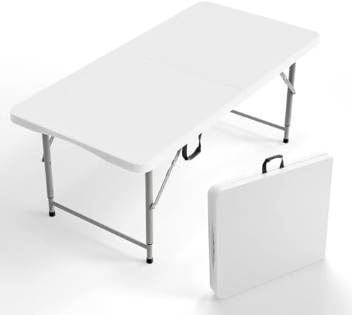 4 FT Plastic Folding Camping Table,3-Level Adjustable Height, Portable in/Outdoor Party Picnic Dining Desk