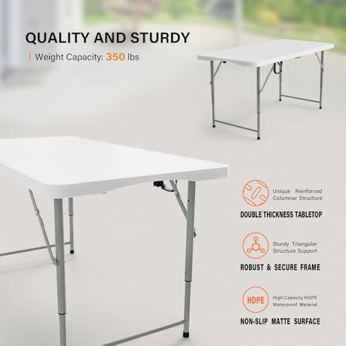 4 FT Plastic Folding Camping Table,3-Level Adjustable Height, Portable in/Outdoor Party Picnic Dining Desk, alternate view 3