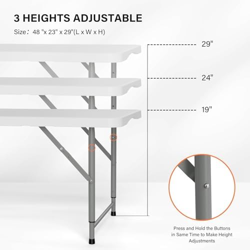 4 FT Plastic Folding Camping Table,3-Level Adjustable Height, Portable in/Outdoor Party Picnic Dining Desk, alternate view 4