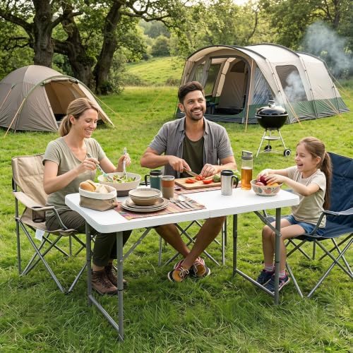 4 FT Portable Camping Table, Adjustable Fold-in-Half Table with HDPE Tabletop & Metal Legs, Patio Folding Dining, alternate