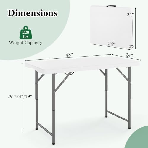 4 FT Portable Camping Table, Adjustable Fold-in-Half Table with HDPE Tabletop & Metal Legs, Patio Folding Dining, alternate