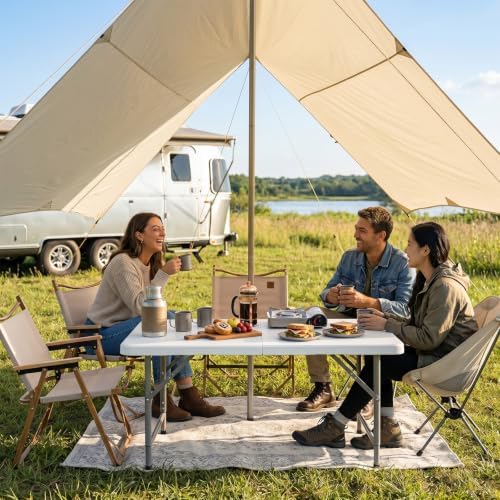 4 FT Portable Camping Table, Adjustable Fold-in-Half Table with HDPE Tabletop & Metal Legs, Patio Folding Dining, alternate