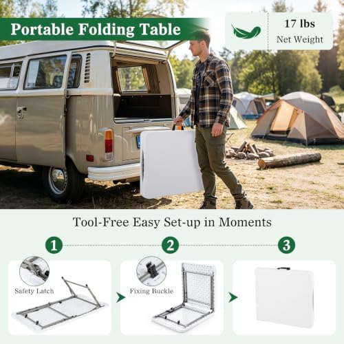 4 FT Portable Camping Table, Adjustable Fold-in-Half Table with HDPE Tabletop & Metal Legs, Patio Folding Dining, alternate