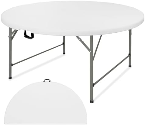 4 FT Round Folding Tables with Carrying Handle Lightweight Portable Plastic Commercial Table Steel Legs for