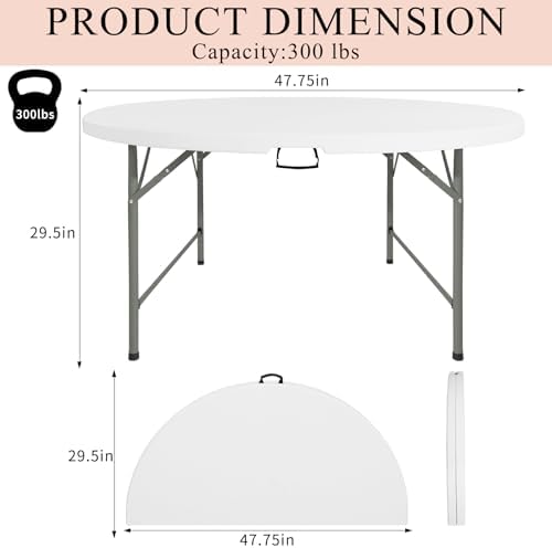 4 FT Round Folding Tables with Carrying Handle Lightweight Portable Plastic Commercial Table Steel Legs for, alternate view 2