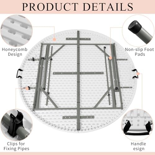 4 FT Round Folding Tables with Carrying Handle Lightweight Portable Plastic Commercial Table Steel Legs for, alternate view 3