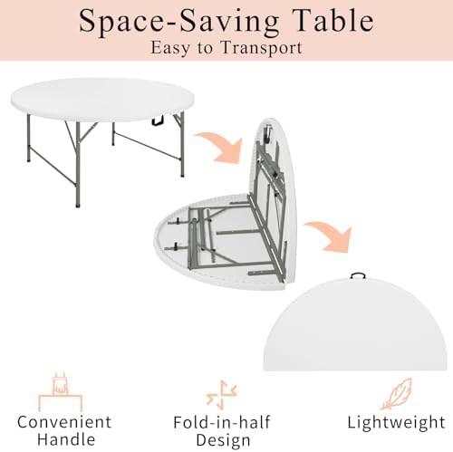 4 FT Round Folding Tables with Carrying Handle Lightweight Portable Plastic Commercial Table Steel Legs for, alternate view 4
