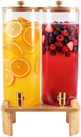 (4 gallon)2 Gallon 2 Pack large Glass Drink dispenser for parties, Beverage Dispenser With Wood Stand, Water