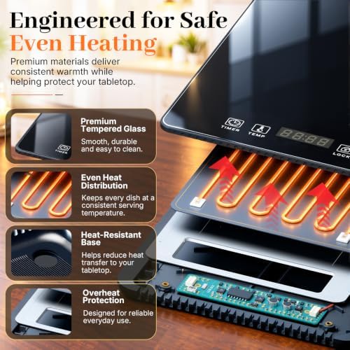 4-in-1 Electric Warming Tray, 31.5"×15.7" Food Warmer with Timer&Child Lock in Black, alternate view 4