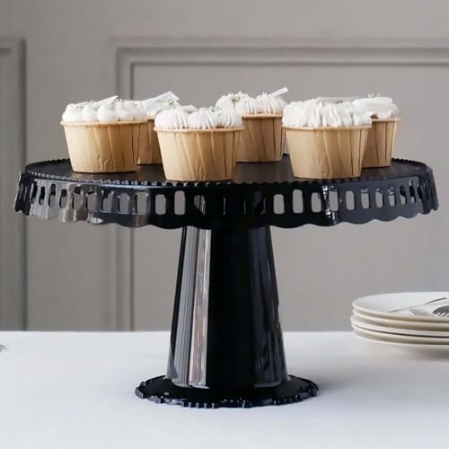 4 Pack | 13" Black Round Pedestal Footed Reusable Plastic Cupcake Stands with Interchangeable Ribbon Trim Edge