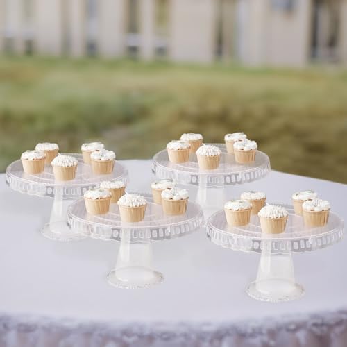4 Pack | 13" Clear Round Pedestal Footed Reusable Plastic Cupcake Stands with Interchangeable Ribbon Trim Edge