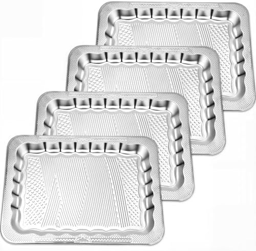 4 Pack 15.8" x 11.6" Large Silver Serving Trays for Dessert Table Stainless Steel Platters Floral Engraved