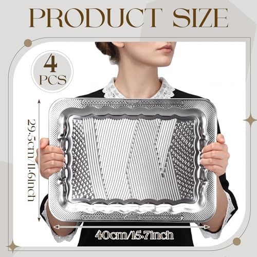 4 Pack 15.8" x 11.6" Large Silver Serving Trays for Dessert Table Stainless Steel Platters Floral Engraved, alternate view 3