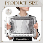 4 Pack 15.8" x 11.6" Large Silver Serving Trays for Dessert Table Stainless Steel Platters Floral Engraved, alternate view 3