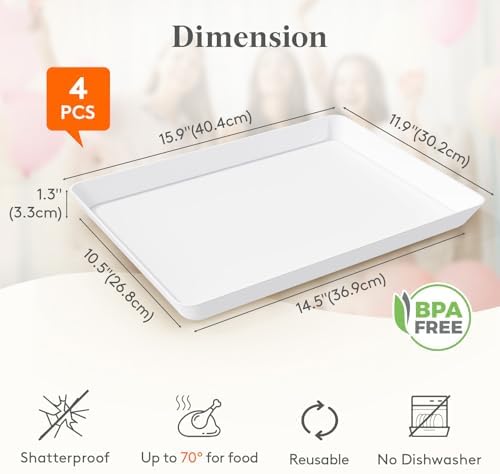 4-Pack 16" x 12" Extra Large Plastic Food Serving Trays for Party in White, alternate view 3