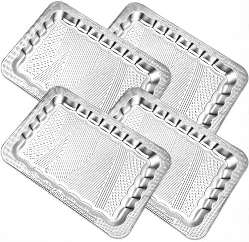 4 Pack 17.5" x 13.6" Large Silver Serving Trays for Dessert Table Stainless Steel Platters Floral Engraved