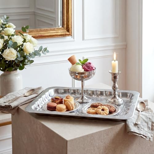 4 Pack 17.5" x 13.6" Large Silver Serving Trays for Dessert Table Stainless Steel Platters Floral Engraved, alternate view 2