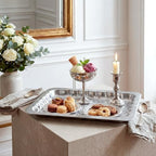 4 Pack 17.5" x 13.6" Large Silver Serving Trays for Dessert Table Stainless Steel Platters Floral Engraved, alternate view 2