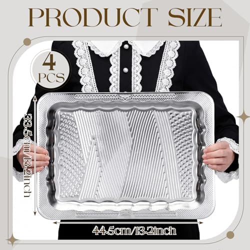 4 Pack 17.5" x 13.6" Large Silver Serving Trays for Dessert Table Stainless Steel Platters Floral Engraved, alternate view 3