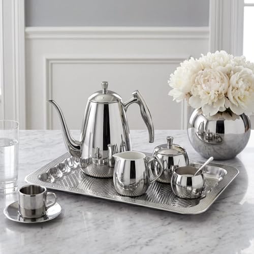 4 Pack 17.5" x 13.6" Large Silver Serving Trays for Dessert Table Stainless Steel Platters Floral Engraved, alternate view 4