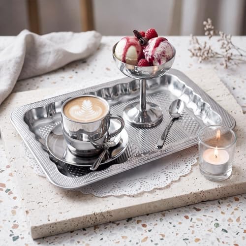 4 Pack 17.5" x 13.6" Large Silver Serving Trays for Dessert Table Stainless Steel Platters Floral Engraved, alternate view 6