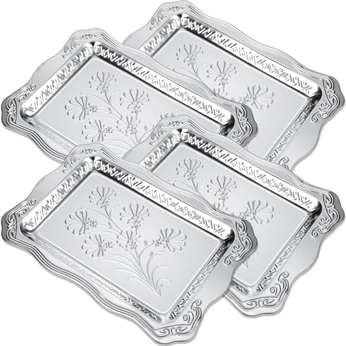 4 Pack 18.9" x 12.8" Large Silver Serving Trays for Dessert Table Stainless Steel Silver Platters Floral