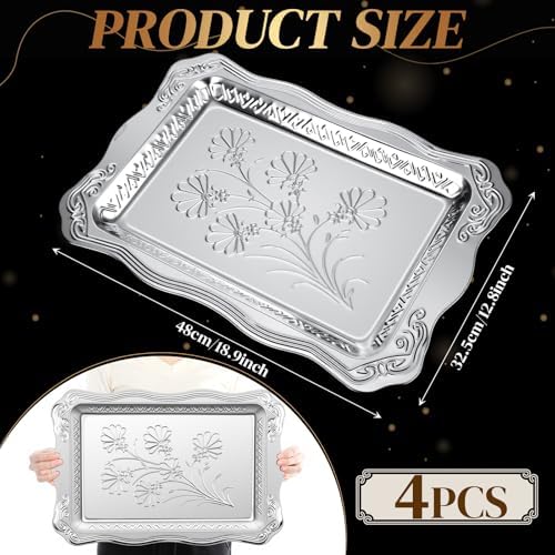 4 Pack 18.9" x 12.8" Large Silver Serving Trays for Dessert Table Stainless Steel Silver Platters Floral, alternate view 3
