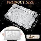 4 Pack 18.9" x 12.8" Large Silver Serving Trays for Dessert Table Stainless Steel Silver Platters Floral, alternate view 3